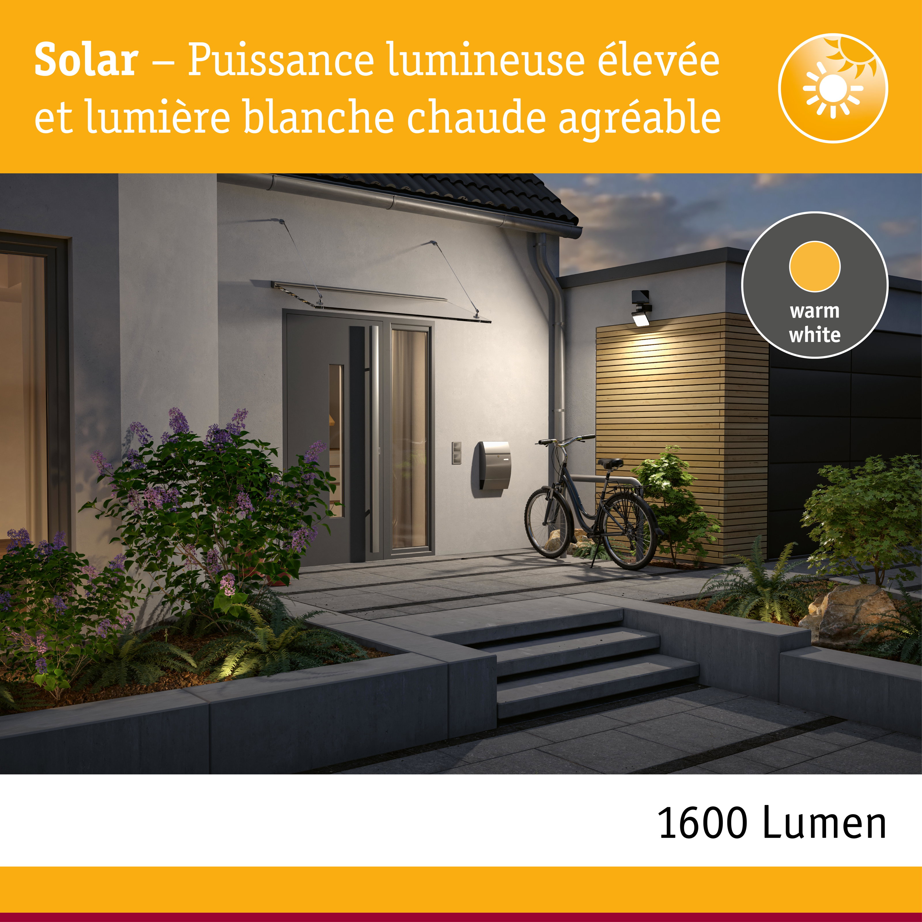 Éclairage extérieur moderne avec lumière blanc chaud sur façade de maison et bardage bois au crépuscule