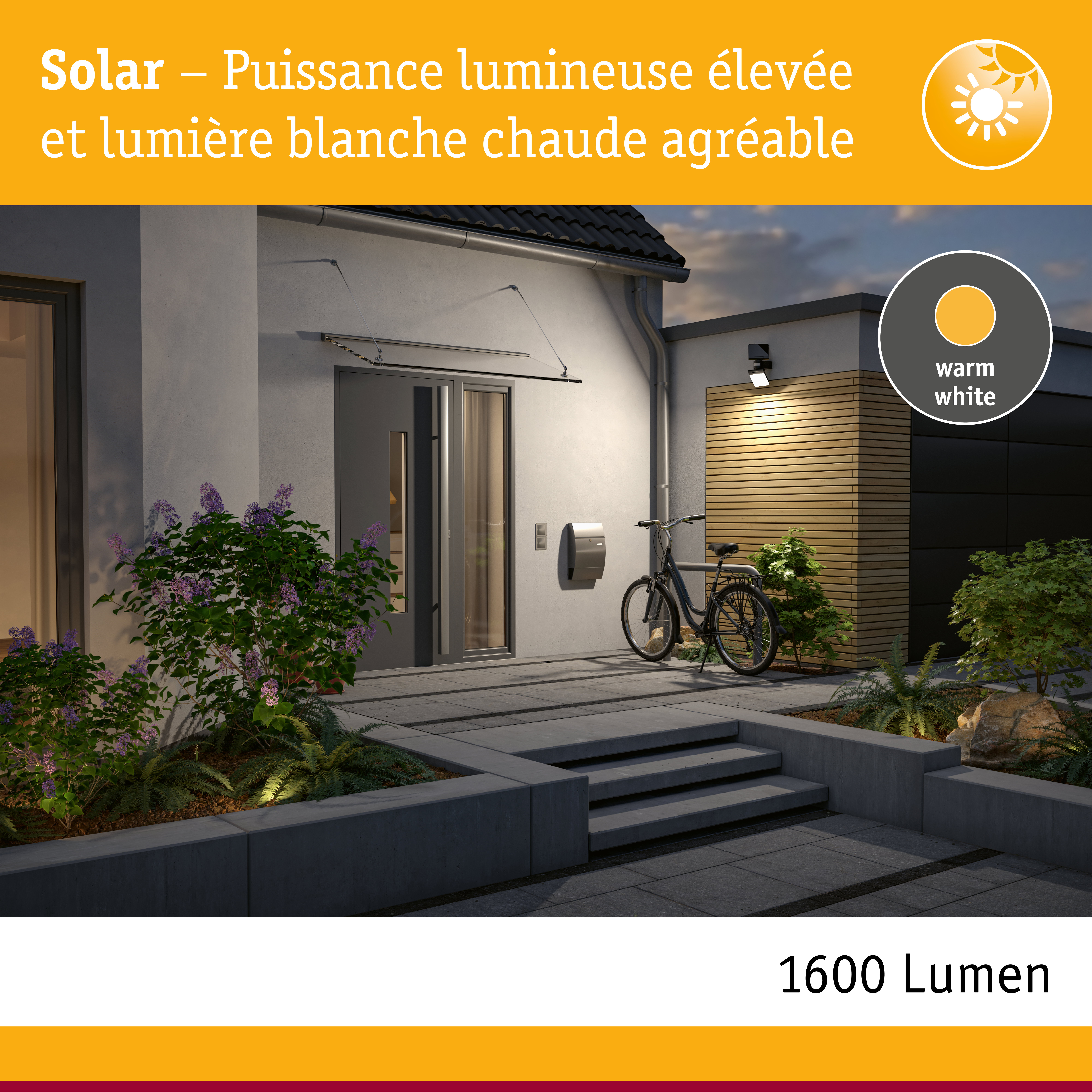Éclairage extérieur moderne avec lumière blanc chaud sur façade de maison et bardage bois au crépuscule