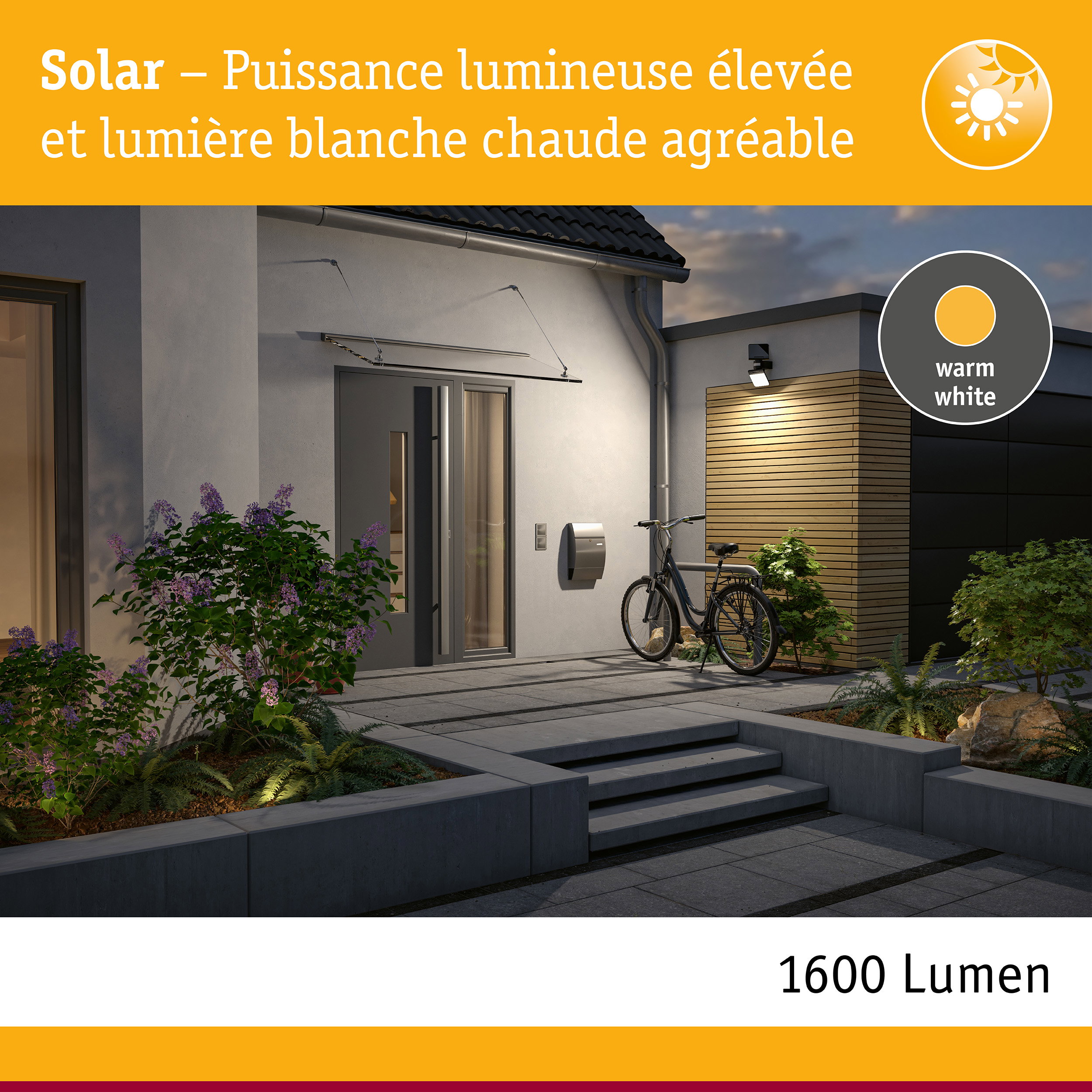 Éclairage extérieur moderne avec lumière blanc chaud sur façade de maison et bardage bois au crépuscule