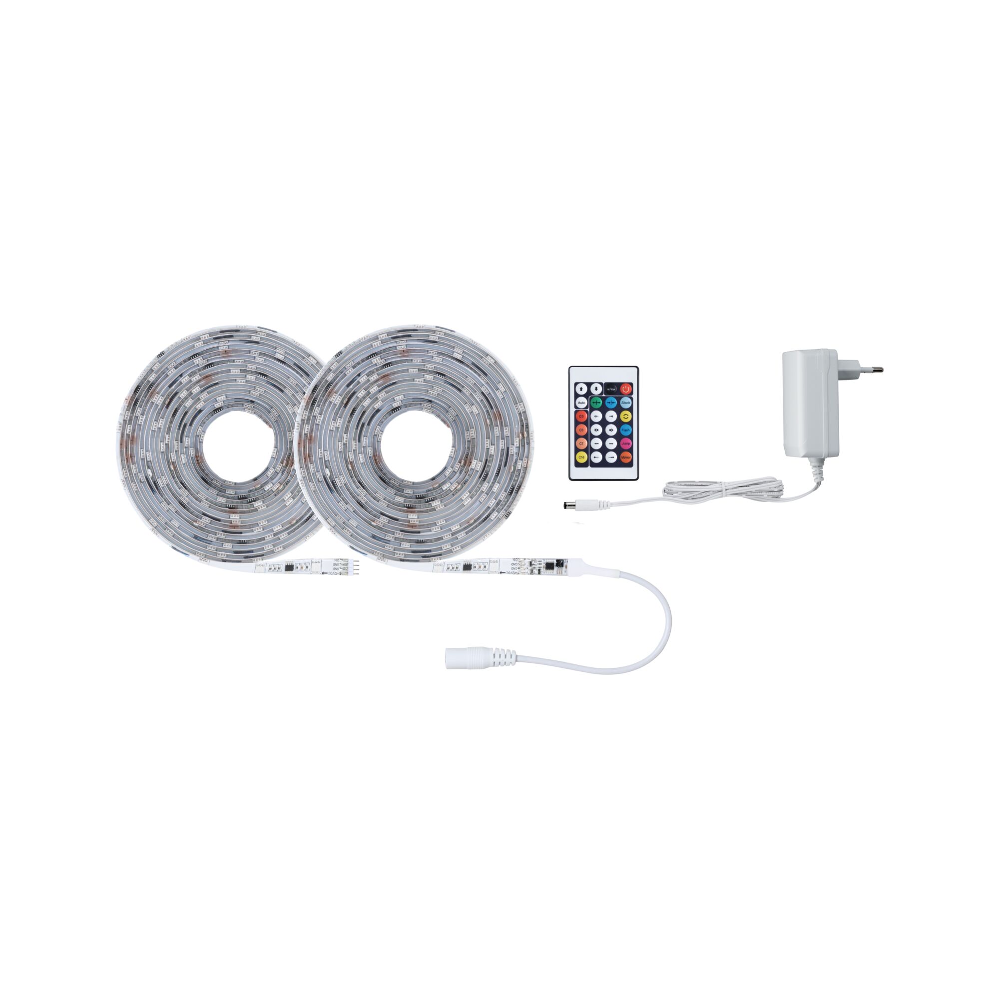 LED-Lichtband-Set mit zwei weißen Rollen, Fernbedienung und Netzteil für flexible Raumbeleuchtung