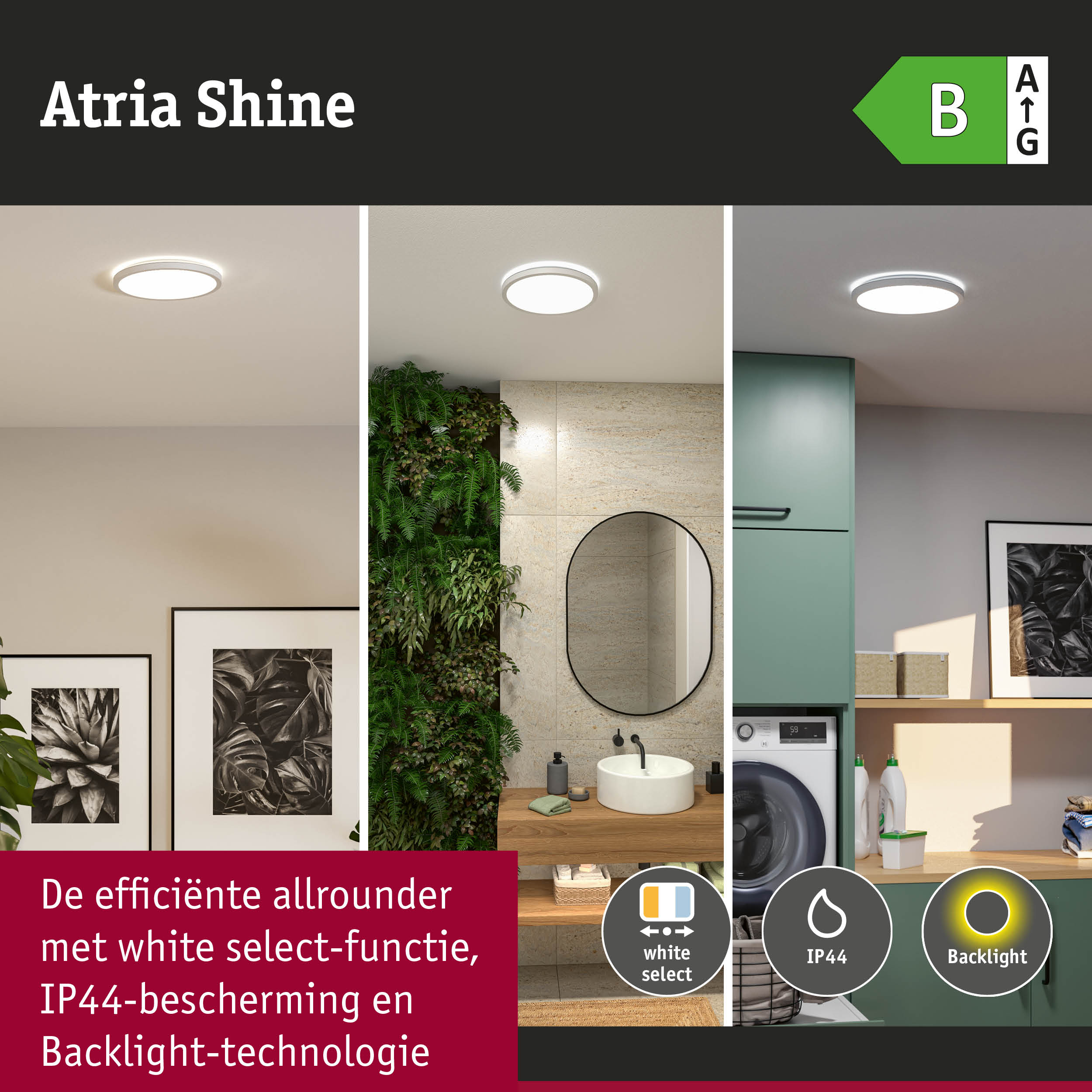 Ronde Atria Shine LED-plafondlamp met white select-functie en IP44-bescherming voor badkamer en keuken