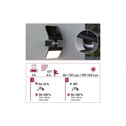 Black solar LED outdoor light with motion sensor and 120° detection angle for energy-saving garden lighting.