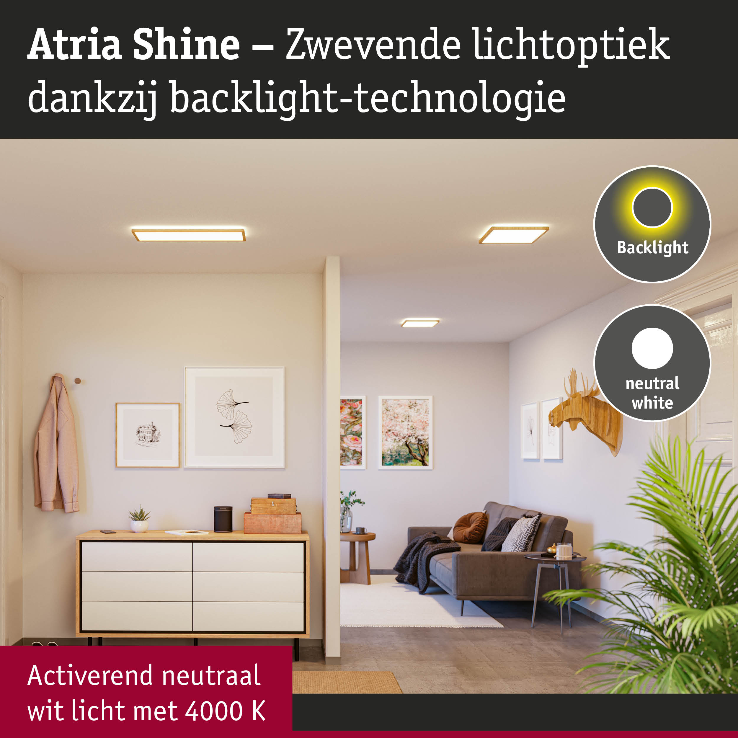 Atria Shine plafondlamp met draaibare lichtoptiek en backlight-technologie in neutraal wit licht