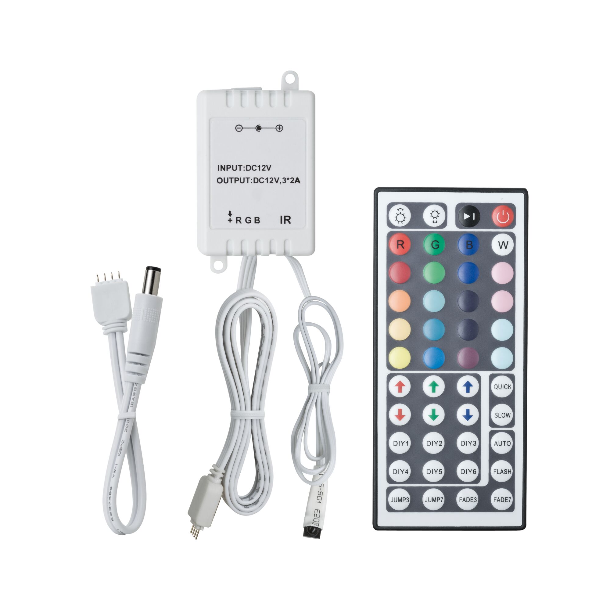 White RGB LED controller with remote and cables for light control and color changing