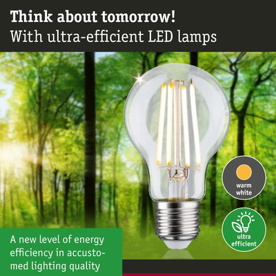 Clear LED bulb with warm white light and ultra-efficient energy use against green forest background