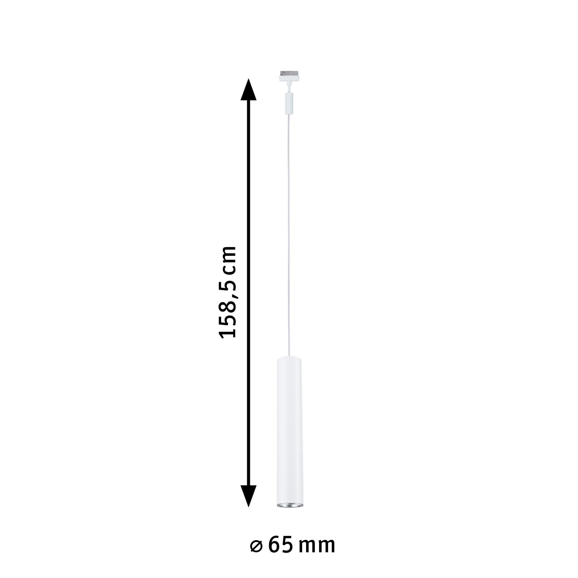 Weißer zylindrischer LED-Pendelleuchte mit 158,5 cm Länge und 65 mm Durchmesser für moderne Beleuchtung