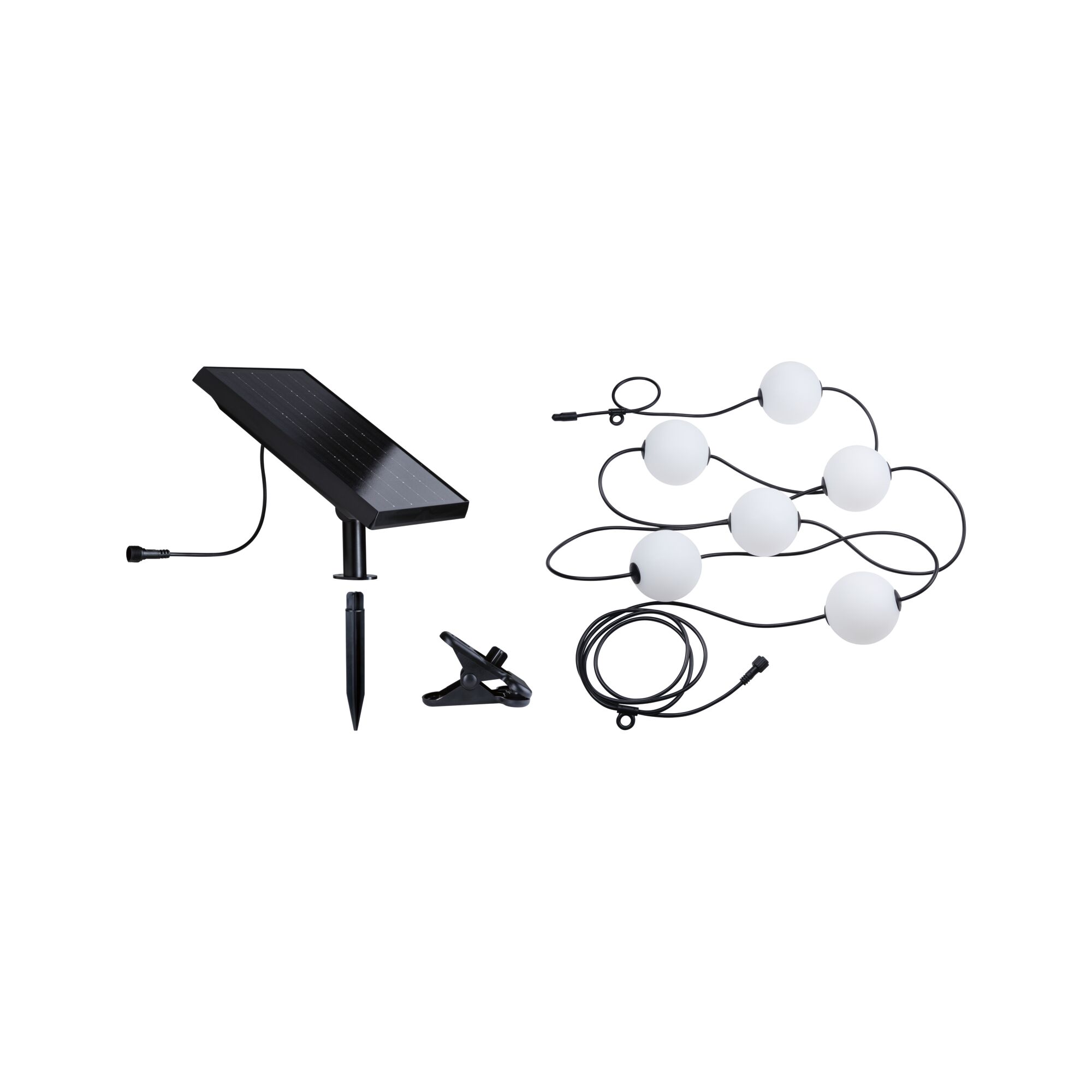 Black solar panel with white LED globe string lights on black cable for outdoor lighting