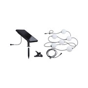 Black solar panel with white LED globe string lights on black cable for outdoor lighting