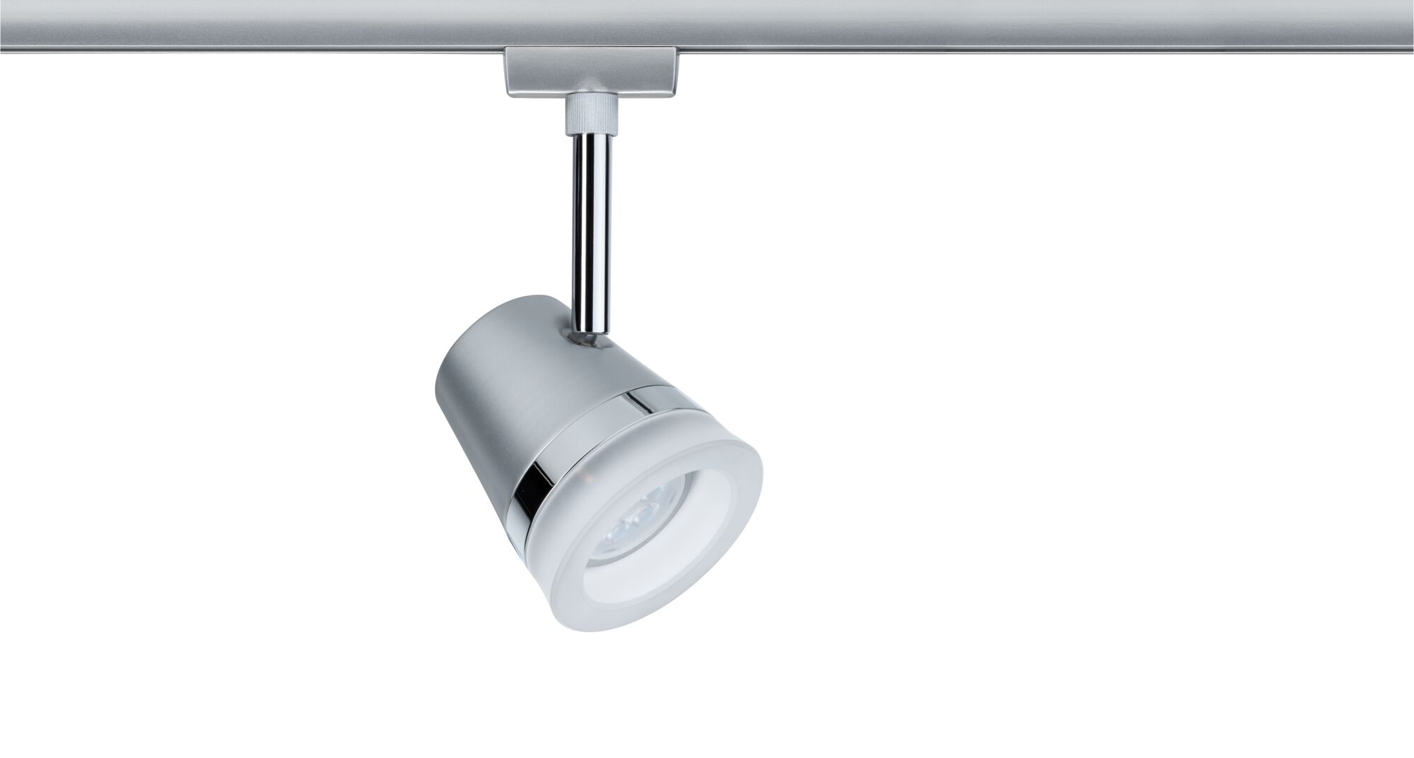 Moderner LED-Strahler aus silbernem Metall mit weißem Diffusor für Schienensysteme
