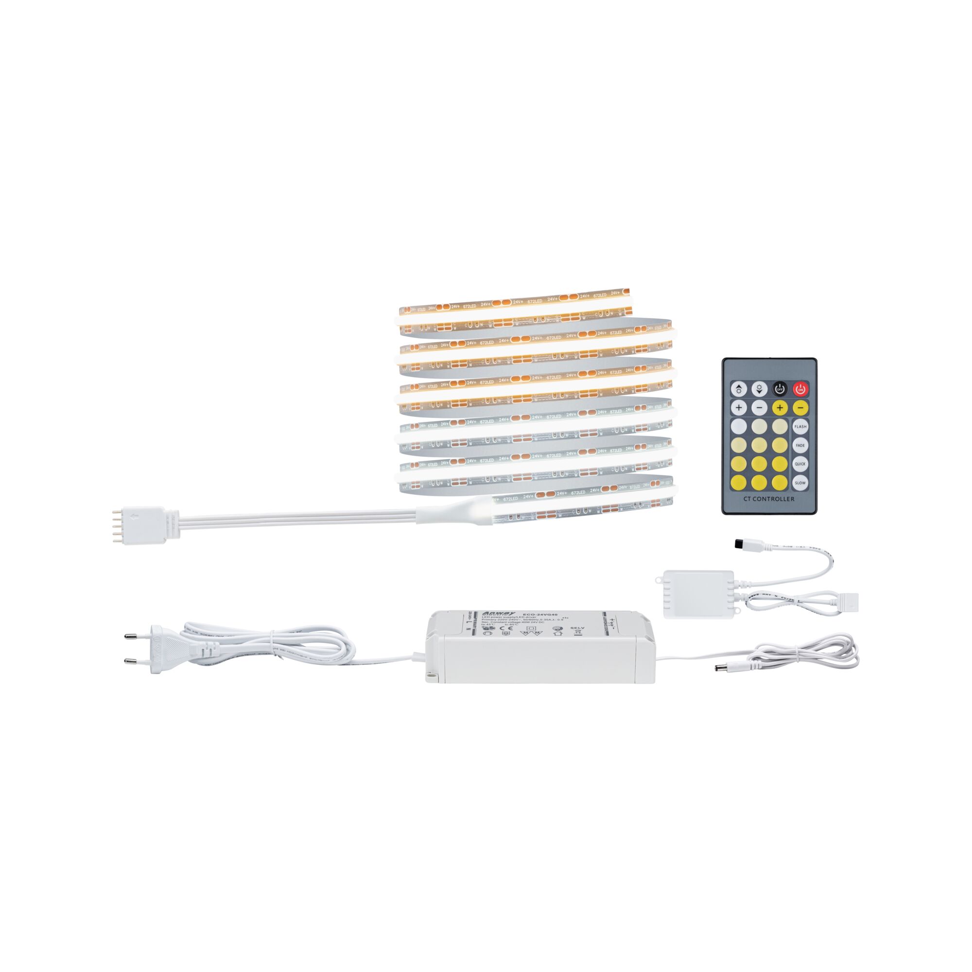 LED strip light with white power supply and remote for dimmable color temperature lighting