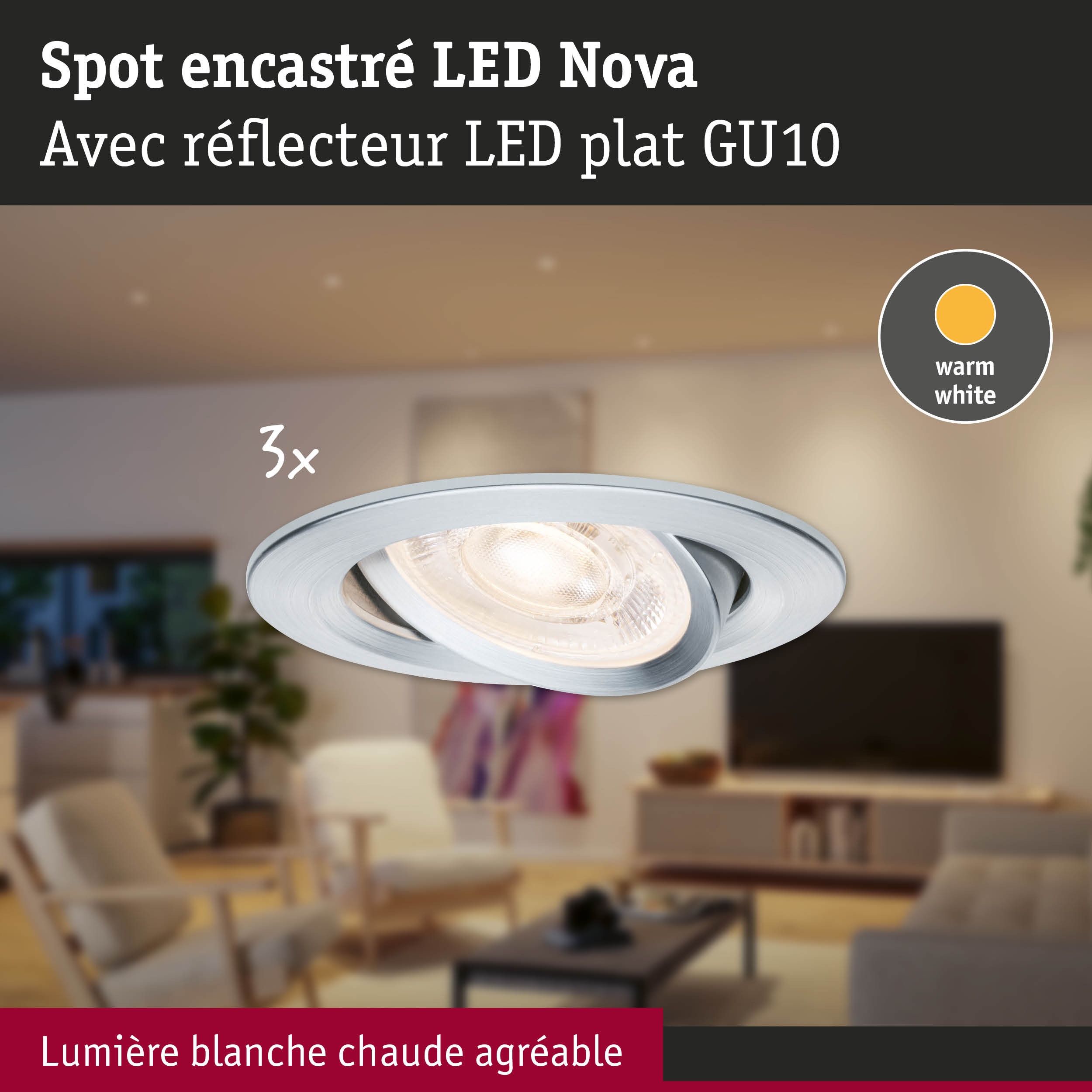 Spot encastré LED Nova argenté avec réflecteur LED plat GU10 et lumière blanc chaud pour intérieur