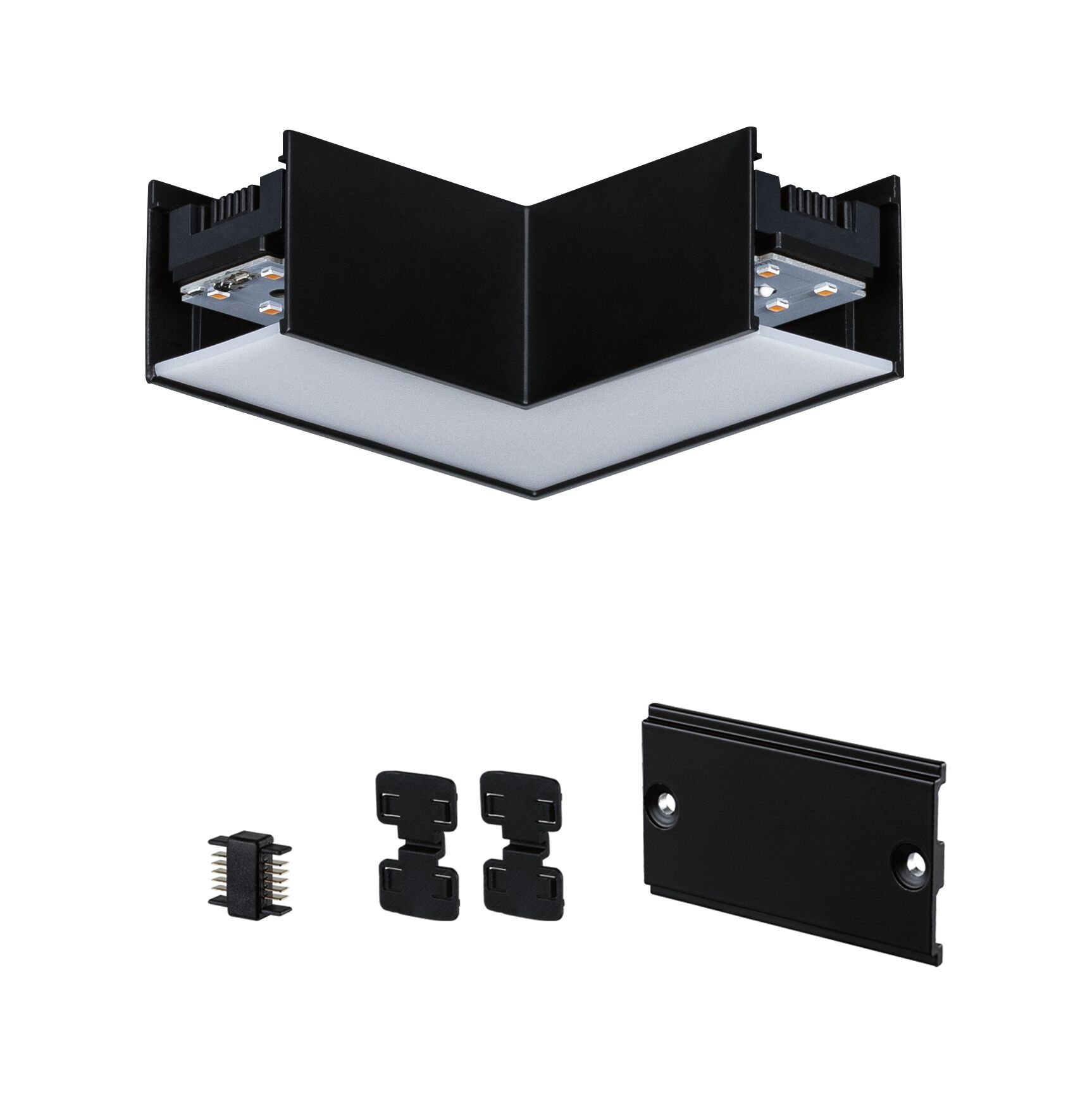 Schwarzes LED-Eckverbinder-Set aus Metall und Kunststoff für modulare Lichtsysteme mit Diffusor.
