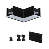 Schwarzes LED-Eckverbinder-Set aus Metall und Kunststoff für modulare Lichtsysteme mit Diffusor.