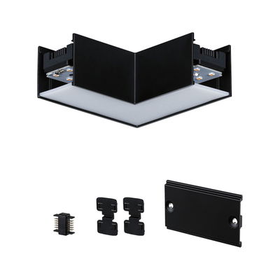 Schwarzes LED-Eckverbinder-Set aus Metall und Kunststoff für modulare Lichtsysteme mit Diffusor.