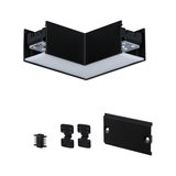 Black LED corner connector set made of metal and plastic for modular lighting systems with diffuser.
