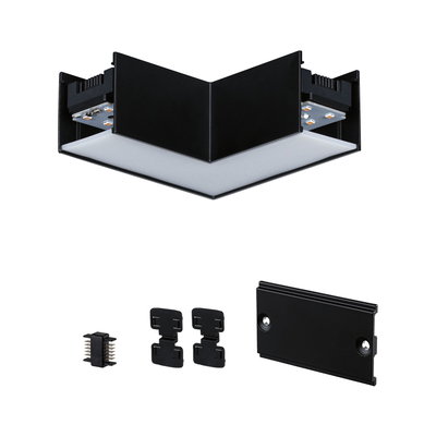 Black LED corner connector set made of metal and plastic for modular lighting systems with diffuser.