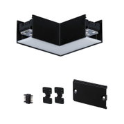 Black LED corner connector set made of metal and plastic for modular lighting systems with diffuser.