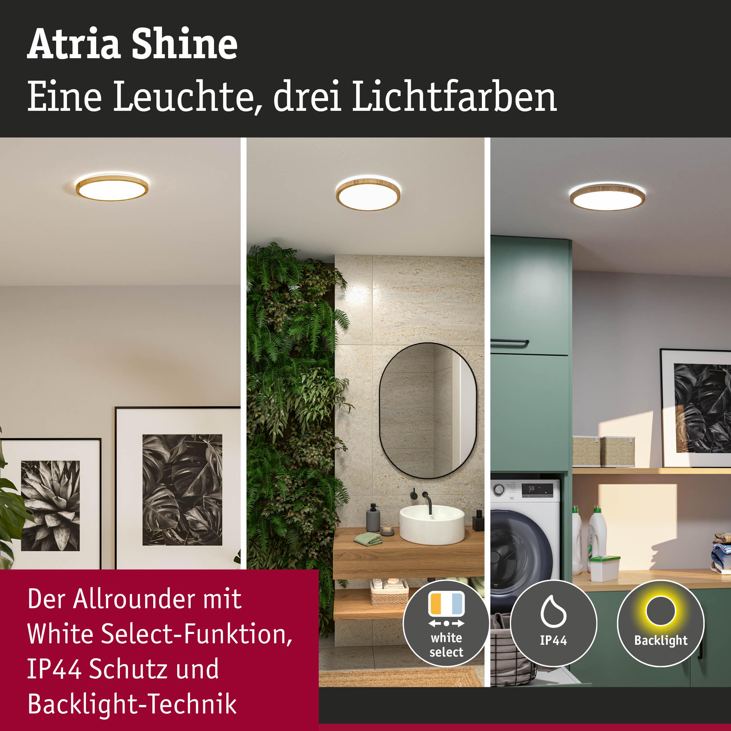 Atria Shine Deckenleuchte mit Holzrahmen zeigt drei Lichtfarben und IP44 Schutz im Wohnraum.