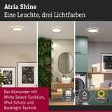 Atria Shine Deckenleuchte mit Holzrahmen zeigt drei Lichtfarben und IP44 Schutz im Wohnraum.