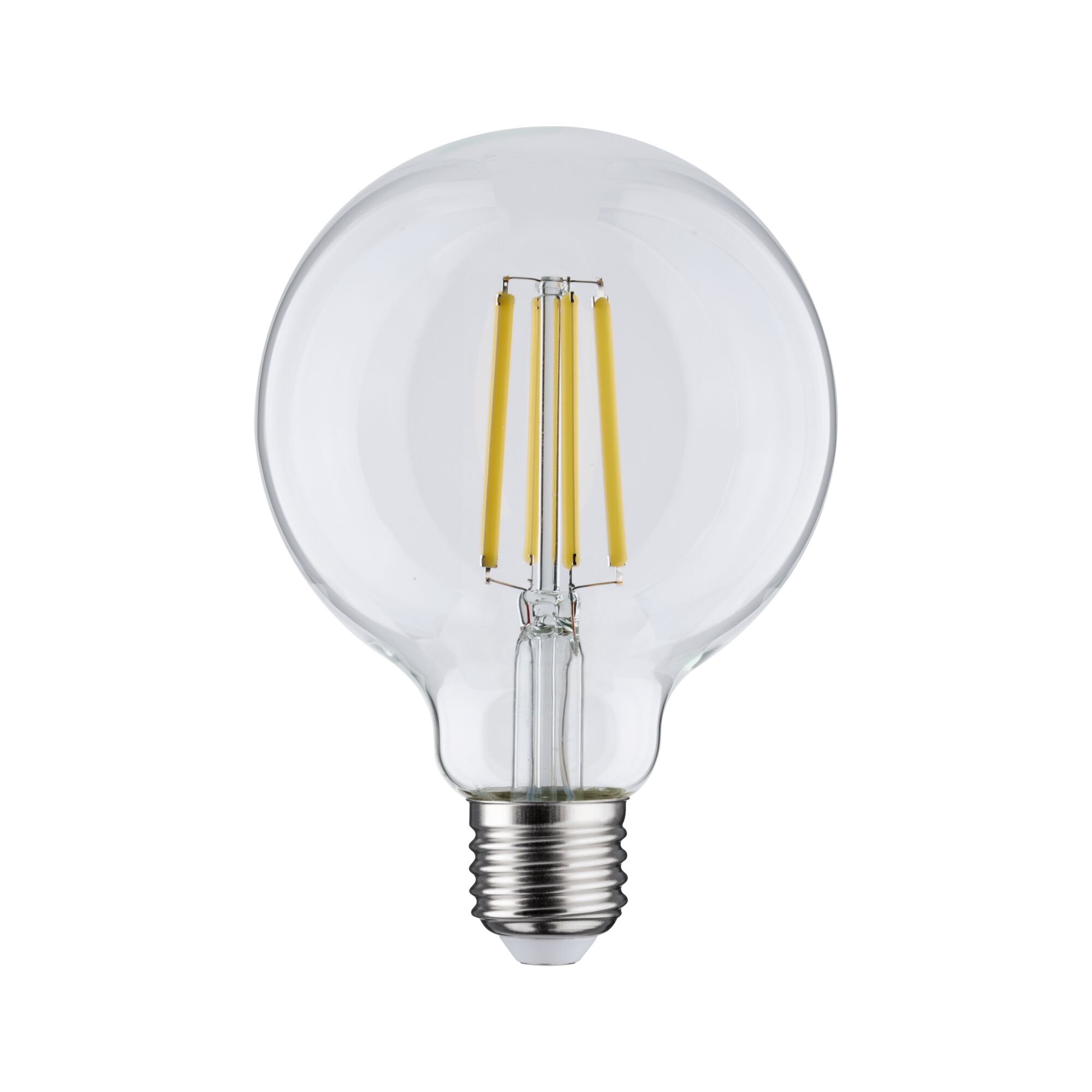 Clear LED filament bulb with E27 base and visible yellow filaments for energy-efficient lighting