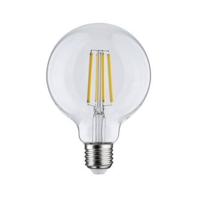 Clear LED filament bulb with E27 base and visible yellow filaments for energy-efficient lighting