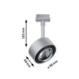 Silver metal LED spotlight with 165 mm height and 98 mm diameter for modern indoor lighting