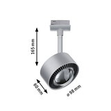 Silver metal LED spotlight with 165 mm height and 98 mm diameter for modern indoor lighting