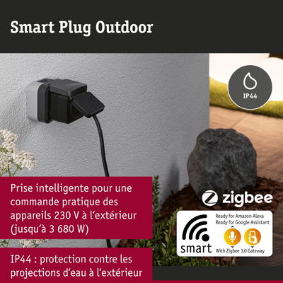 Prise intelligente extérieure noire IP44 pour appareils 230 V, compatible Zigbee et assistants vocaux