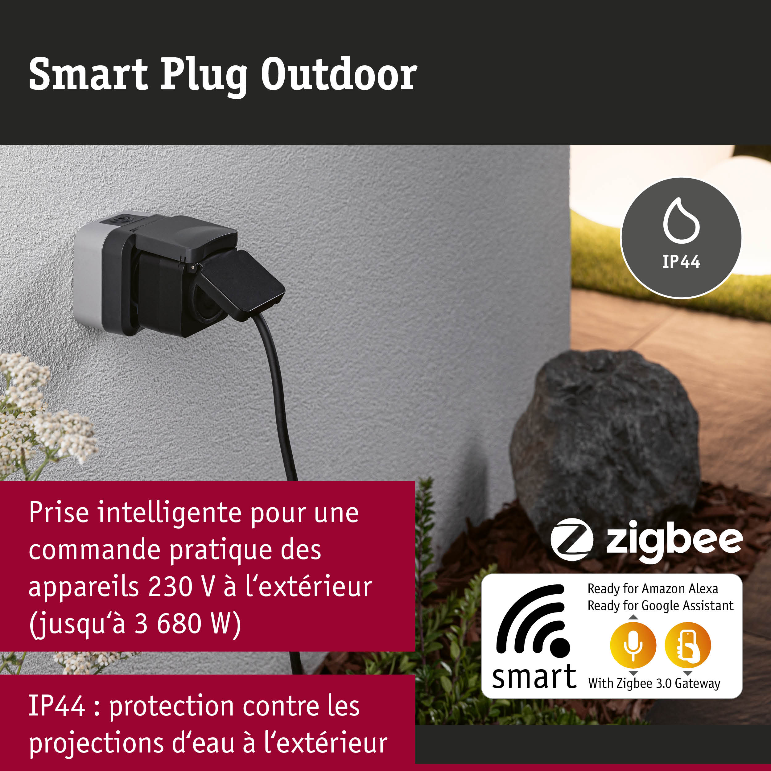 Prise intelligente extérieure noire IP44 pour appareils 230 V, compatible Zigbee et Alexa