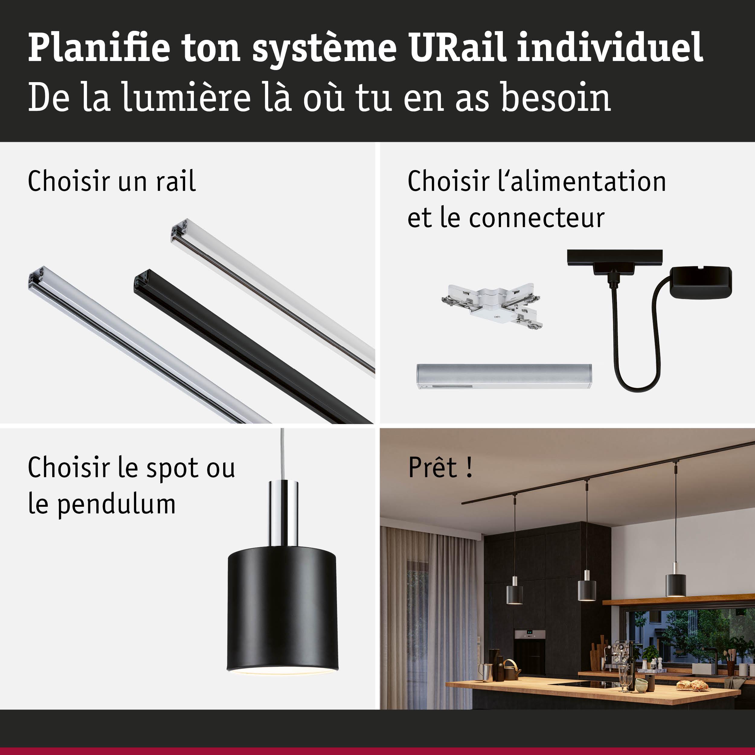 Système d'éclairage URail avec suspension noire, rails et connecteurs pour installation personnalisée