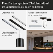 Système de rail modulaire URail avec rails noirs et blancs, connecteurs et suspensions pour un éclairage flexible