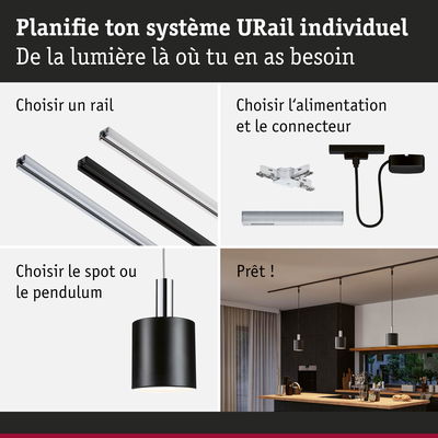 Système d'éclairage URail avec suspension noire, rails et connecteurs pour installation personnalisée