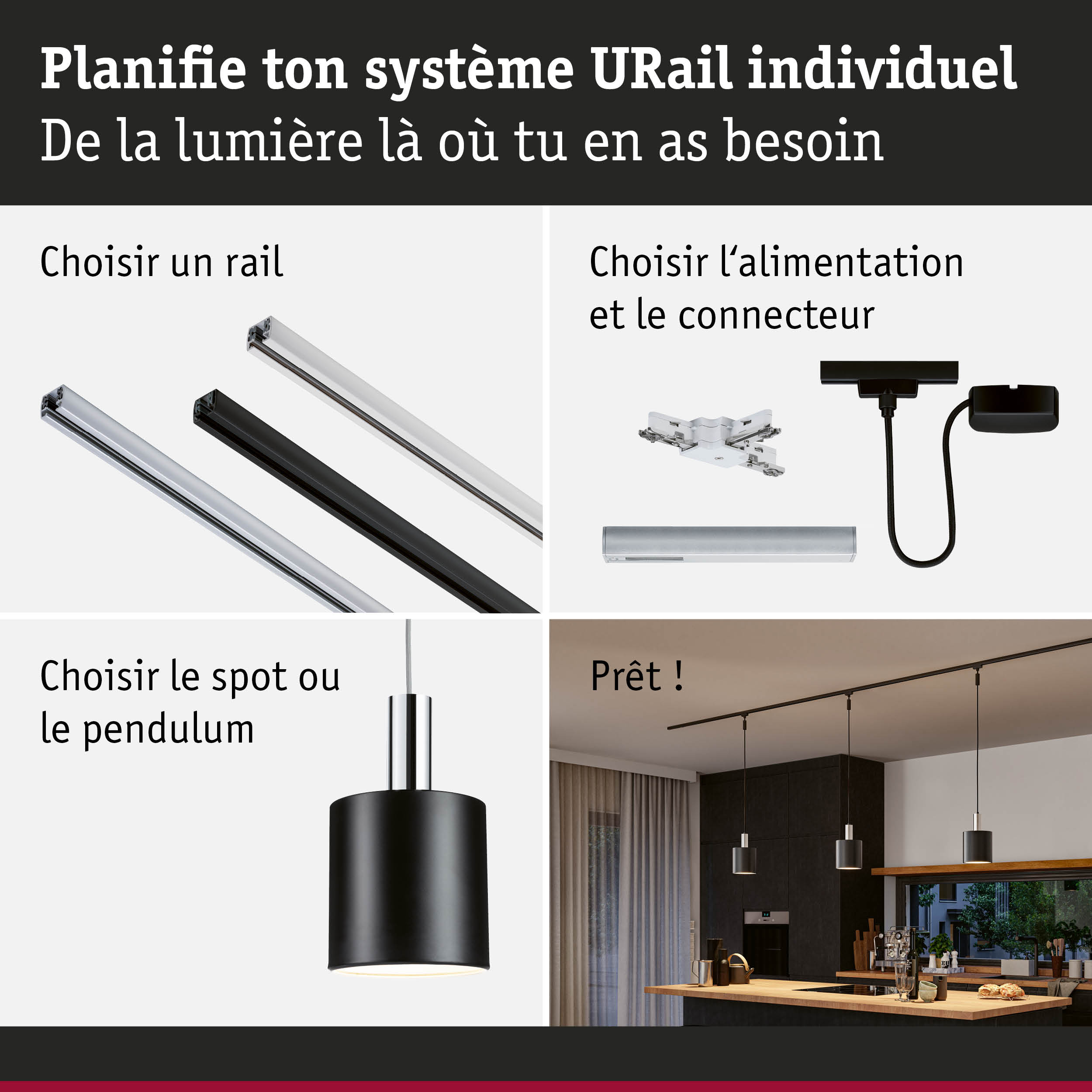 Système de rail modulaire URail avec rails noirs et blancs, connecteurs et suspensions pour un éclairage flexible