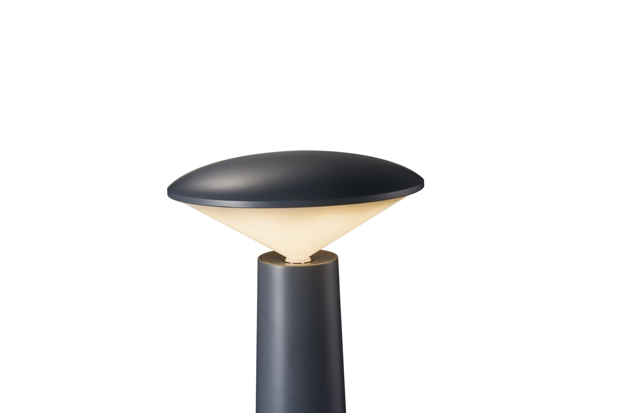 Modern black metal outdoor lamp with conical shape and warm white light for garden lighting