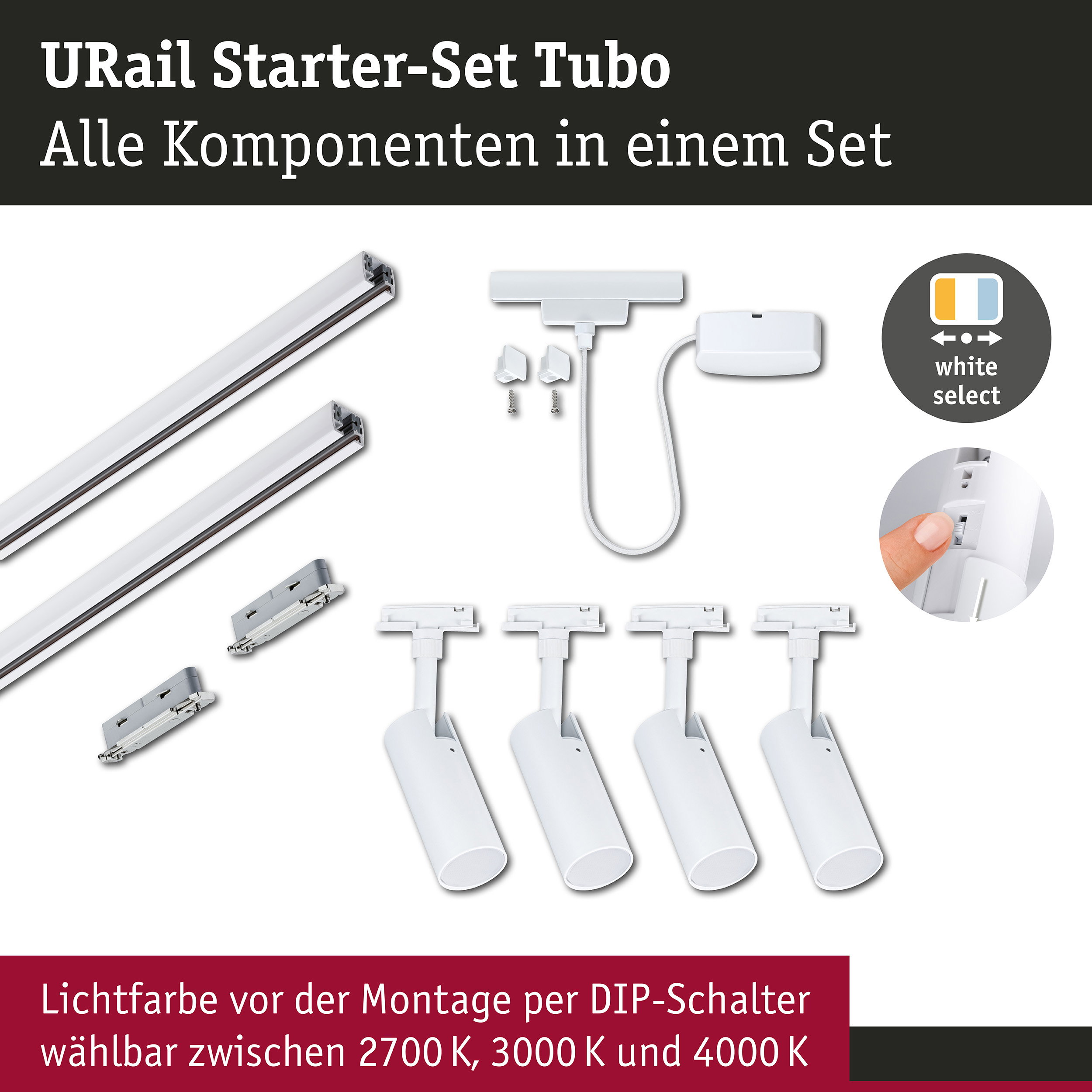 URail Schienenspot Tubo Starterset Kabeleinspeisung 4x4W 230V Signalweiß