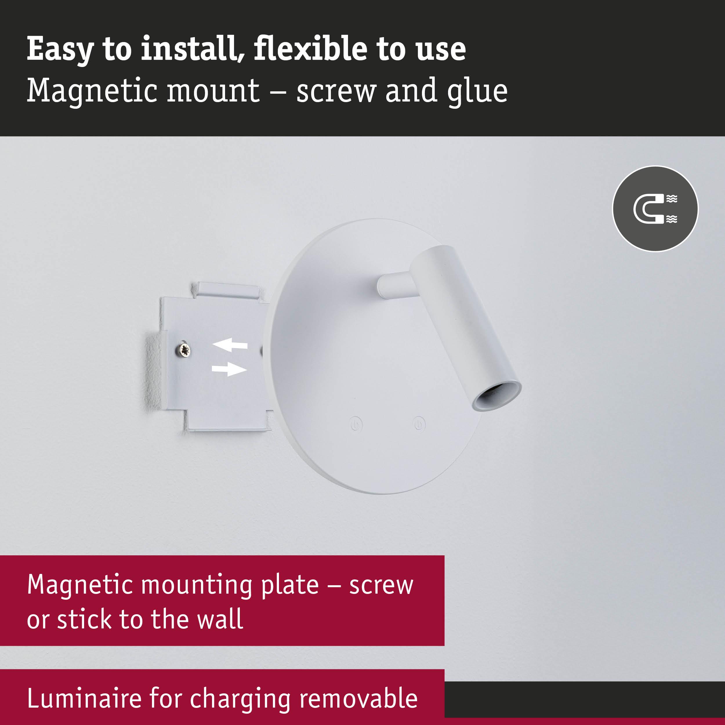 White magnetic wall spotlight with flexible screw or glue mounting, removable and rechargeable luminaire