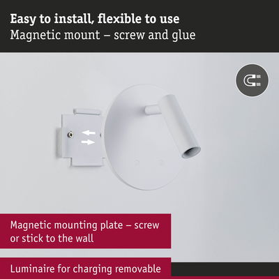 White magnetic wall spotlight with flexible screw or glue mounting, removable and rechargeable luminaire