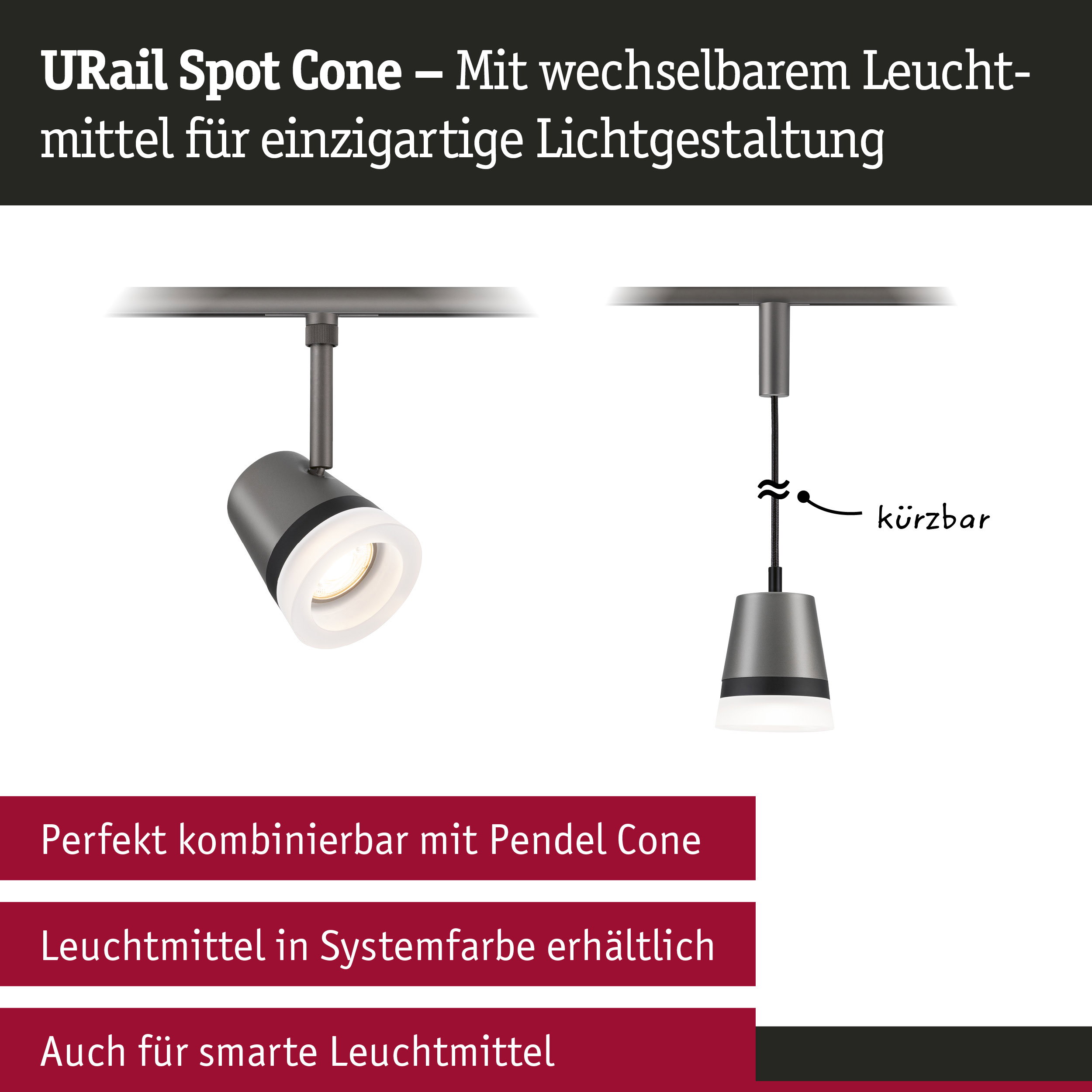 URail Schienenspot Cone GU10 max. 10W dimmbar 230V Titanium