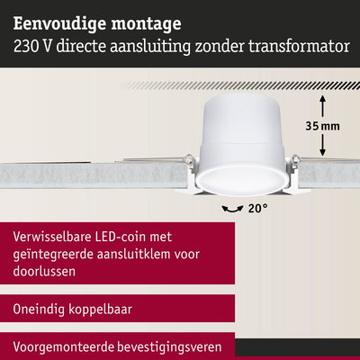 Technische tekening van witte LED-inbouwspot met 35 mm inbouwdiepte en 20° kantelbaarheid