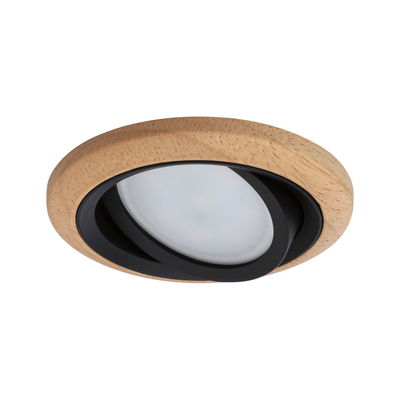 Ronde LED-inbouwspot met natuurlijke houten rand en zwarte binnenring voor moderne woonverlichting