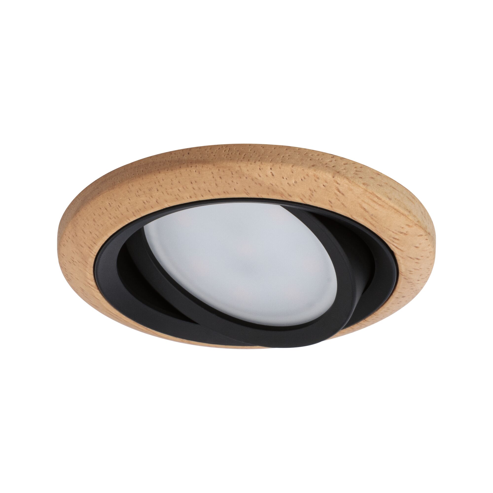 Round LED recessed spotlight with natural wood frame and black inner ring for modern home lighting