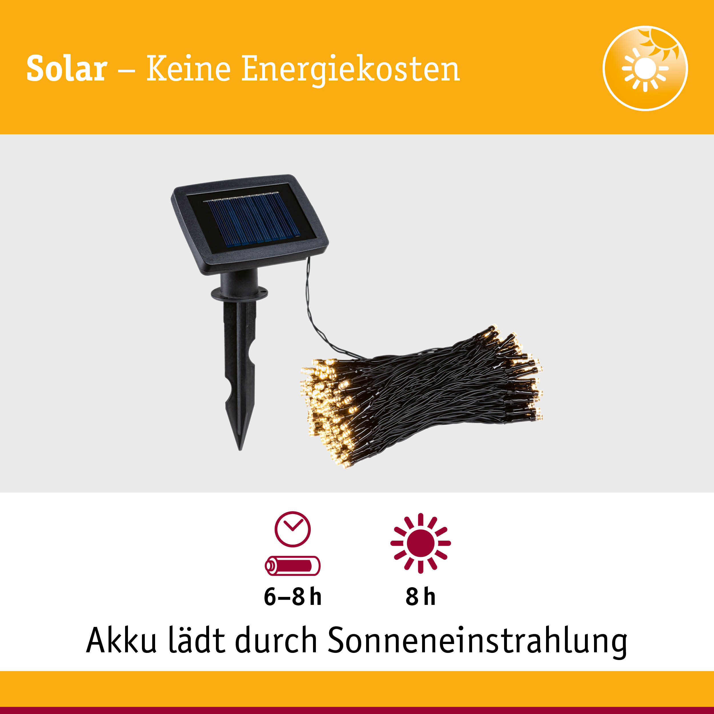 Schwarzes Solarpanel mit LED-Lichterkette für energiesparende Außenbeleuchtung ohne Stromkosten
