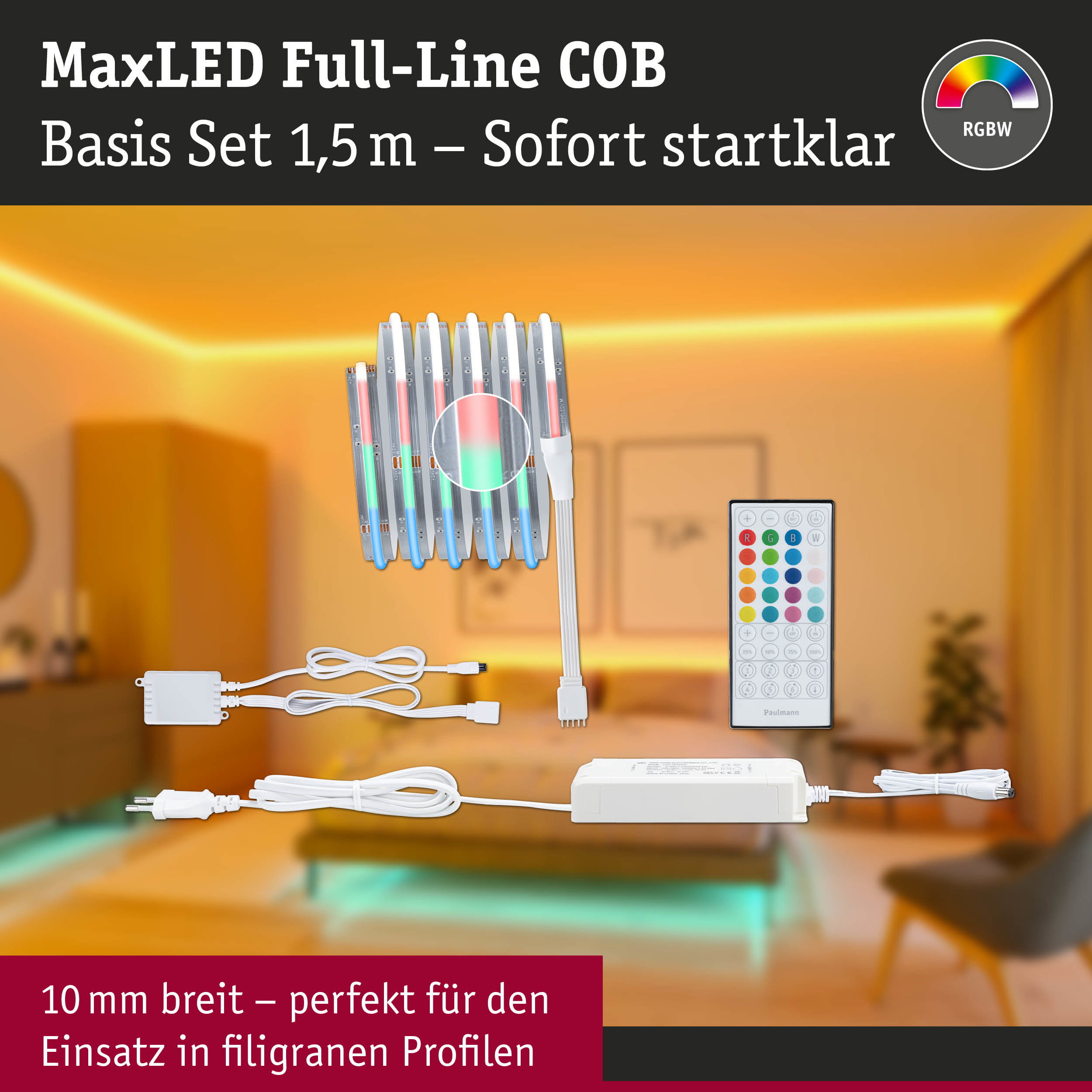 MaxLED Full-Line COB LED-Lichtstreifen Set 1,5 m mit Fernbedienung und Netzteil für RGBW Beleuchtung