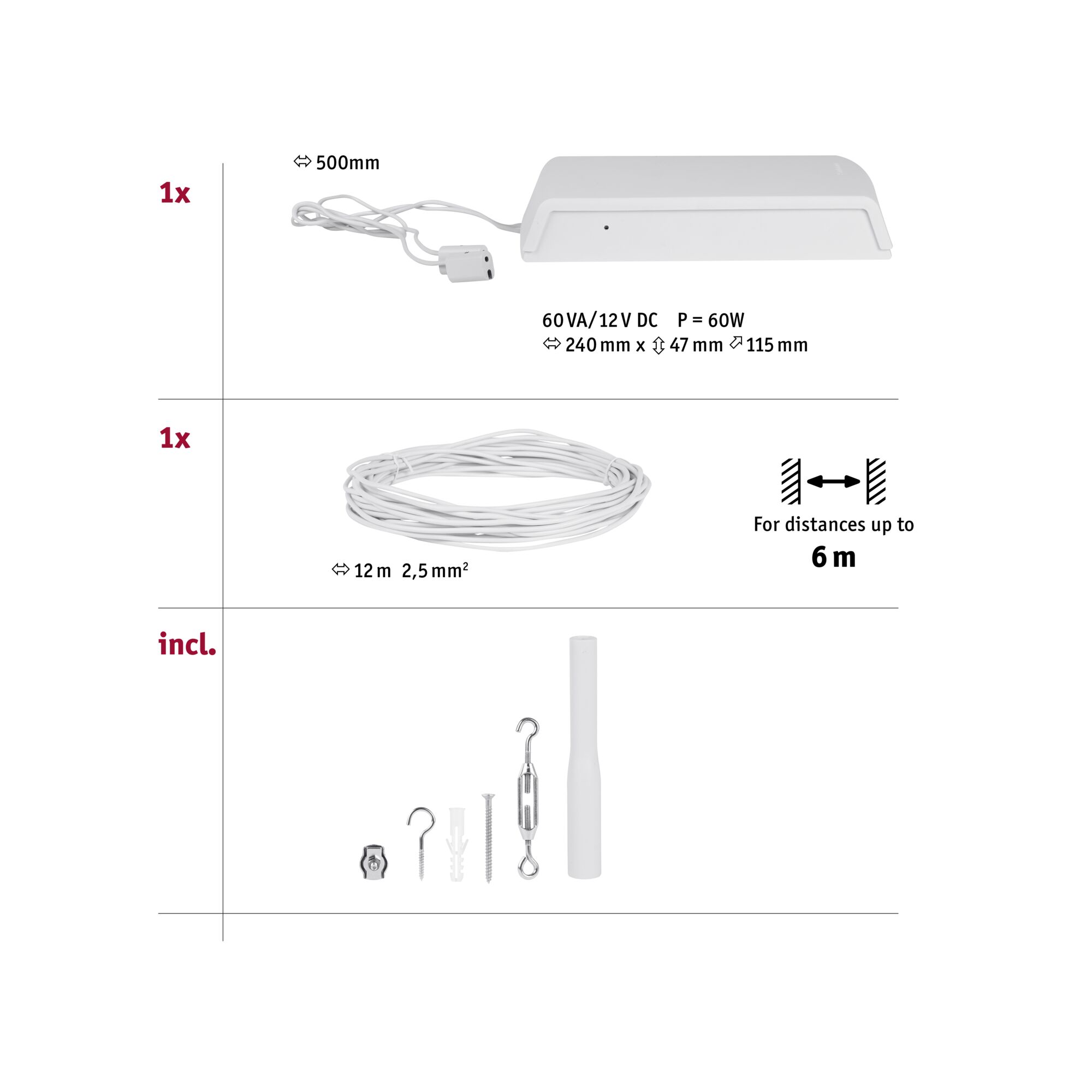 Teknisk tegning med hvid 60W 12V DC transformer, 12m kabel og monteringsdele til LED-belysning.