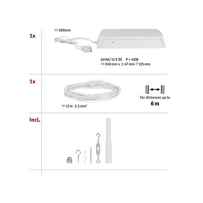 Teknisk tegning med hvid 60W 12V DC transformer, 12m kabel og monteringsdele til LED-belysning.