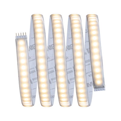 Flexible LED strip light with warm white glow and adhesive backing for versatile lighting solutions.