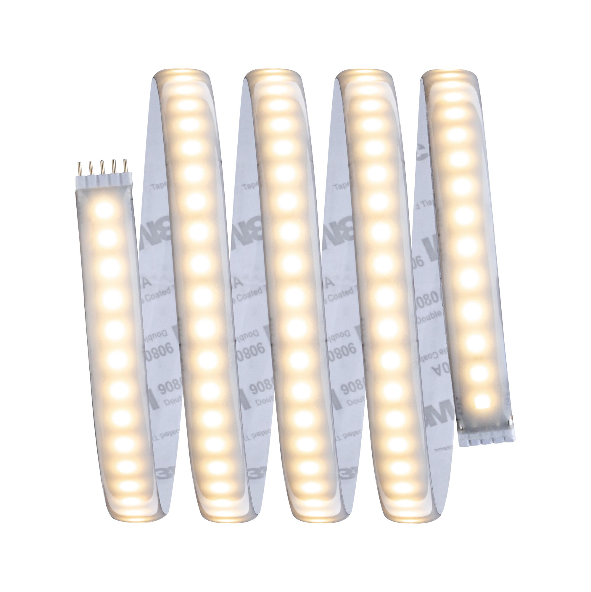 Flexible LED strip light with warm white glow and adhesive backing for versatile lighting solutions.