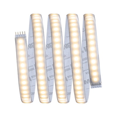 Flexibler LED-Lichtstreifen mit warmweißem Licht und selbstklebender Rückseite für vielseitige Beleuchtung.
