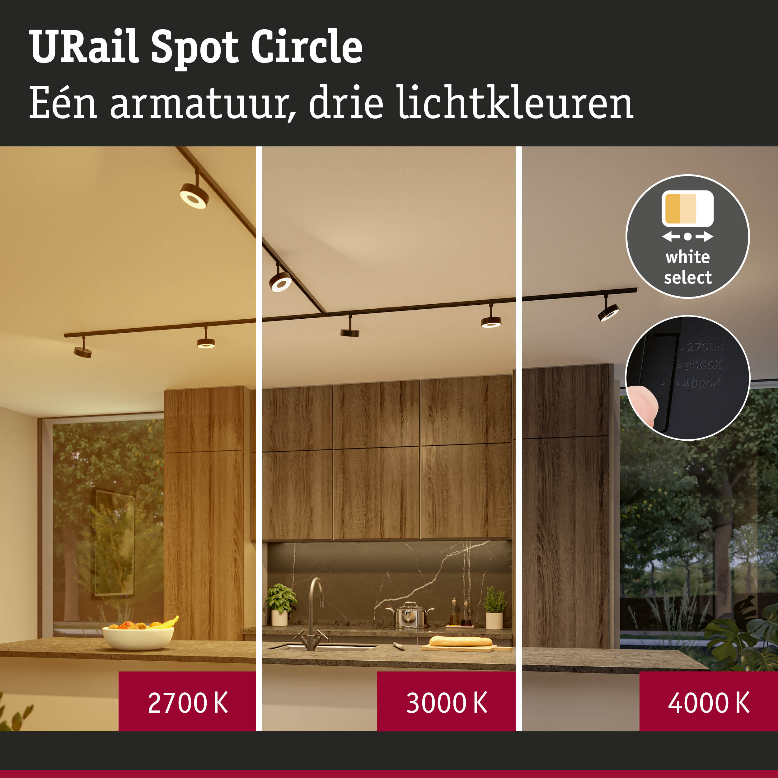 URail Spot Circle zwarte rails met drie lichtkleuren 2700K, 3000K, 4000K voor keukenverlichting