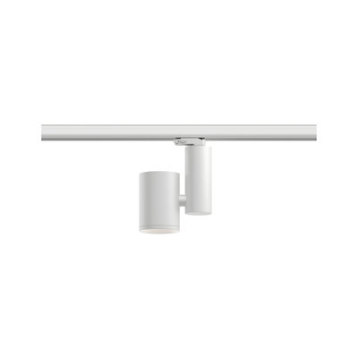 Moderner weißer LED-Strahler aus Metall an Schienensystem für flexible Raumbeleuchtung